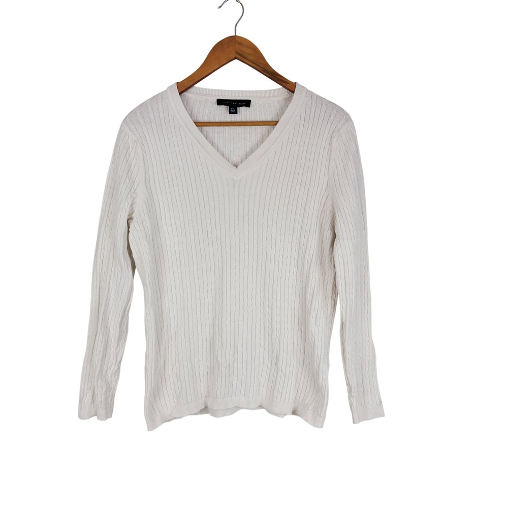 Tommy Hilfiger Cotto Cableknit Sweater White Size Large Y2K Vintage Retro Preppy